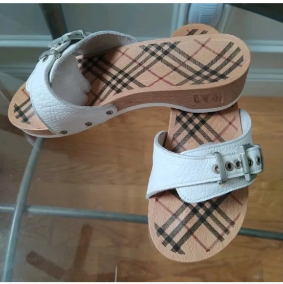 BURBERRY Nova Check Wooden Clog Buckle Slide Sandals Women's 38 White Leather - Picture 1 of 12